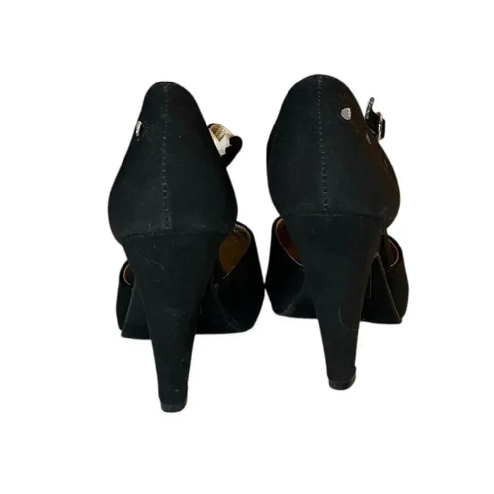 ModCloth Black Suede T Strap Platform Heels 5W Rockabilly Pinup Retro - Picture 4 of 5